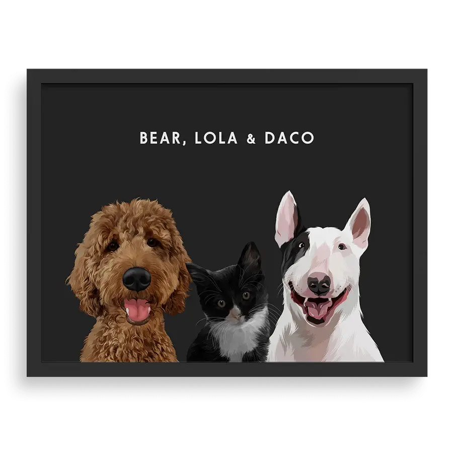 Custom portrait for three pets with charcoal gray background and black frame - personalized dog and cat wall art by Paw Pixie