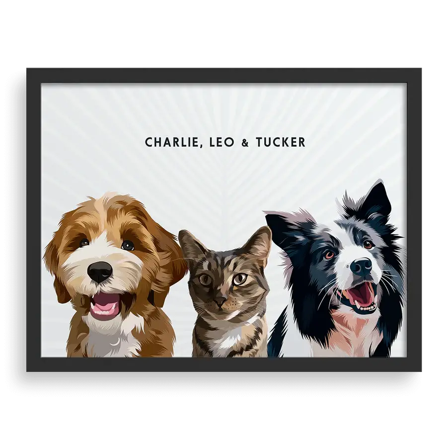 Custom portrait for three pets with pampas grass background and black frame - personalized wall art of dog and cat by Paw Pixie