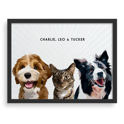 Custom portrait for three pets with pampas grass background and black frame - personalized wall art of dog and cat by Paw Pixie