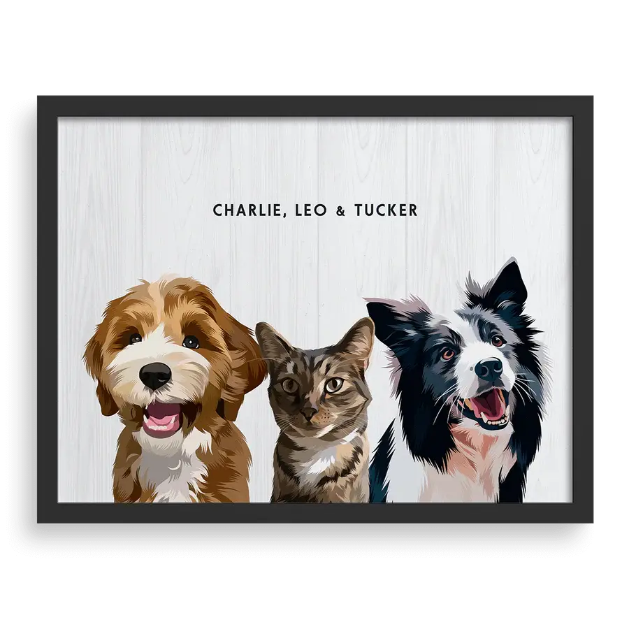Custom portrait for three pets with shiplap background and black frame - personalized dog and cat wall art by Paw Pixie