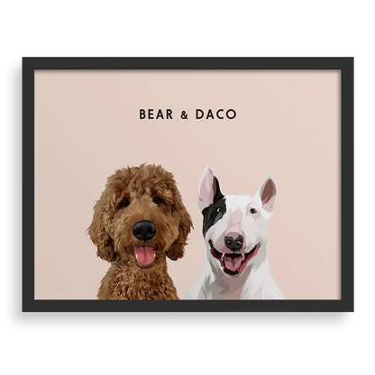 Custom portrait for two pets with dusty pink background and black frame - modern pet portrait wall decor by Paw Pixie