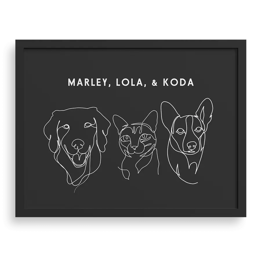 Custom Three Pet Line Drawing Portrait with Charcoal Gray background, black frame, with names – paw-pixie