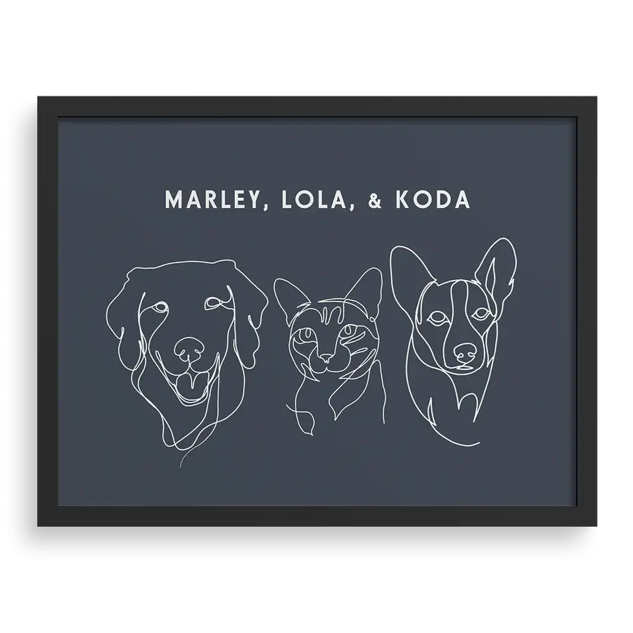 Custom Three Pet Line Drawing Portrait with Navy background, black frame, with names – paw-pixie