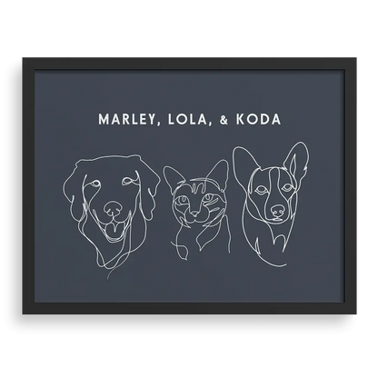 Custom Three Pet Line Drawing Portrait with Navy background, black frame, with names – paw-pixie