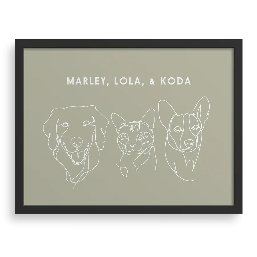 Custom Three Pet Line Drawing Portrait with Sage background, black frame, with names – paw-pixie