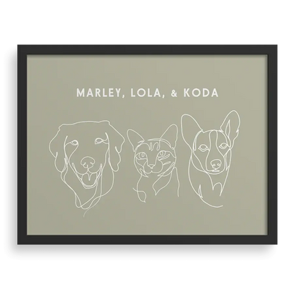 Custom Three Pet Line Drawing Portrait with Sage background, black frame, with names – paw-pixie