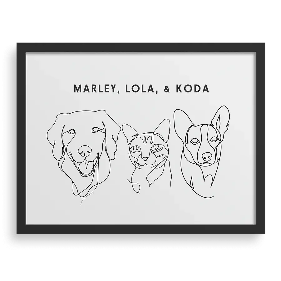 Custom Three Pet Line Drawing Portrait with Soft White background, black frame, with names – paw-pixie