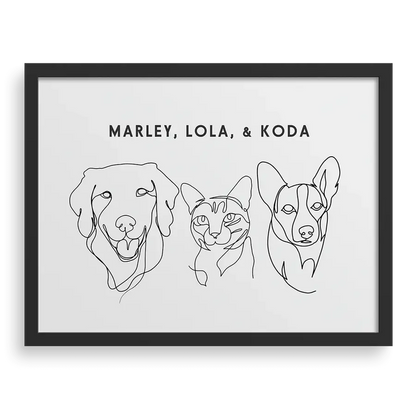 Custom Three Pet Line Drawing Portrait with Soft White background, black frame, with names – paw-pixie