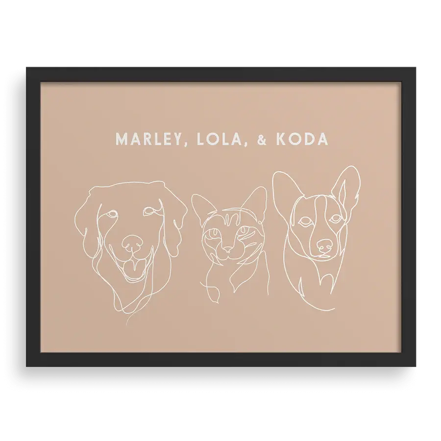 Custom Three Pet Line Drawing Portrait with Terracotta background, black frame, with names – paw-pixie