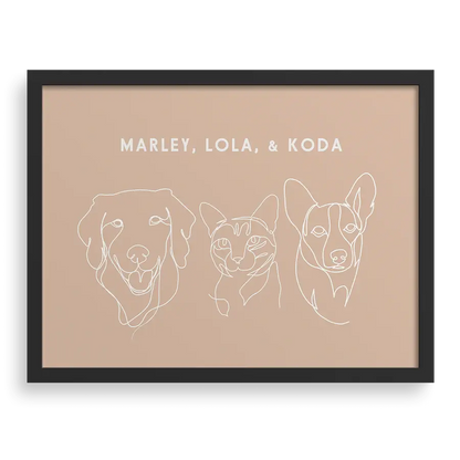 Custom Three Pet Line Drawing Portrait with Terracotta background, black frame, with names – paw-pixie