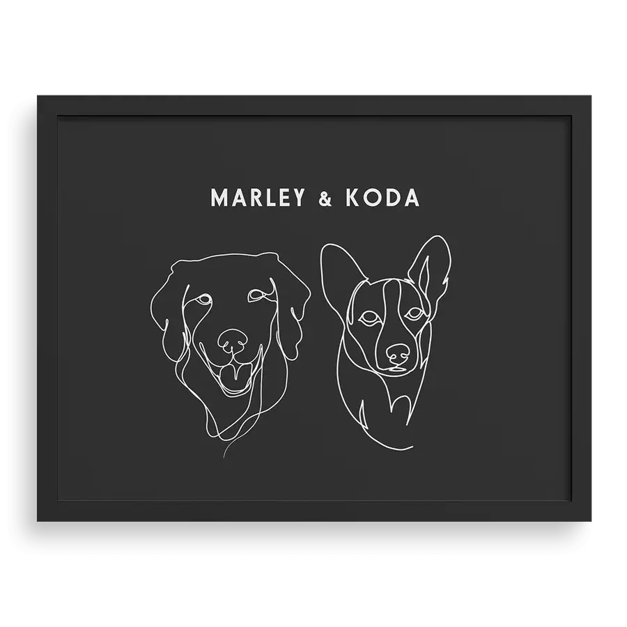 Custom Two Pet Line Drawing Portrait with Charcoal Gray background, black frame, with names – paw-pixie