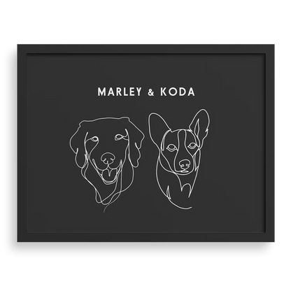 Custom Two Pet Line Drawing Portrait with Charcoal Gray background, black frame, with names – paw-pixie
