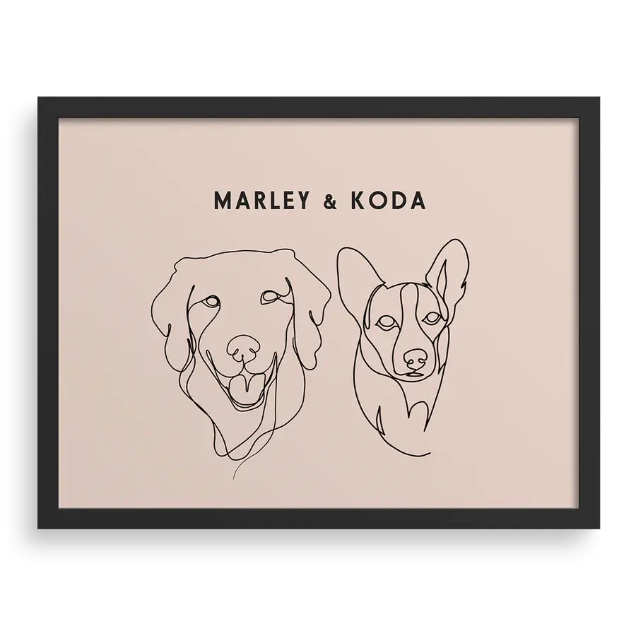 Custom Two Pet Line Drawing Portrait with Dusty Pink background, black frame, with names – paw-pixie
