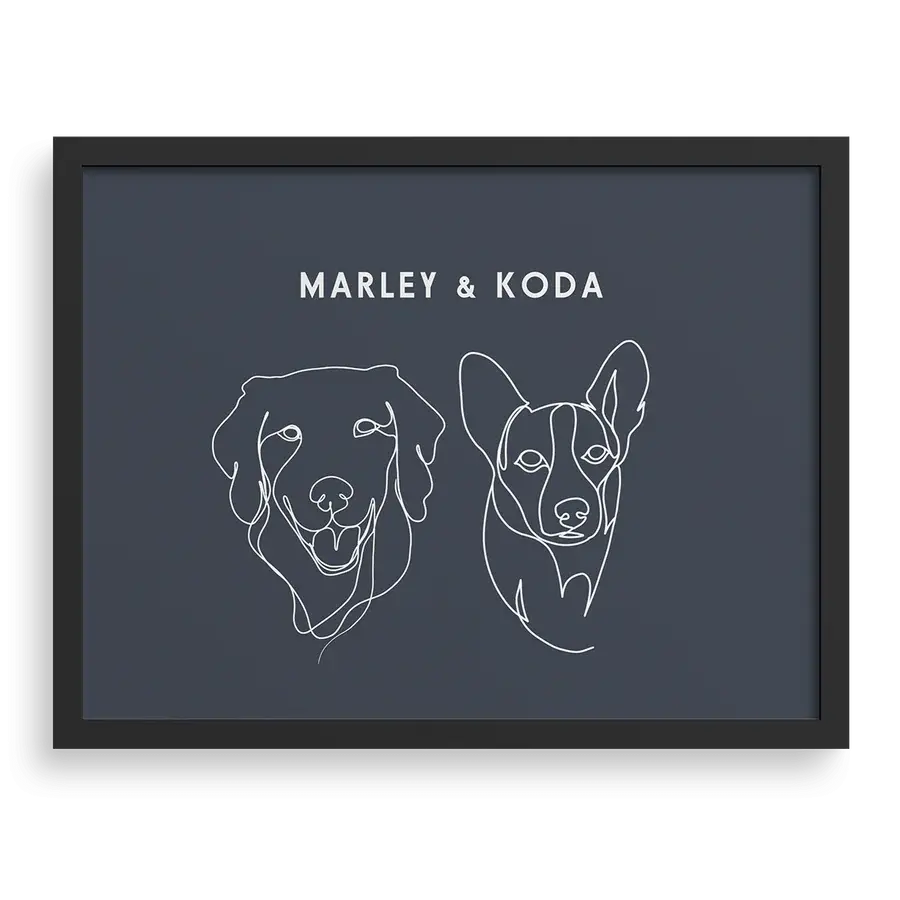 Custom Two Pet Line Drawing Portrait with Navy background, black frame, with names – paw-pixie