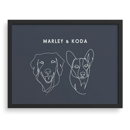 Custom Two Pet Line Drawing Portrait with Navy background, black frame, with names – paw-pixie