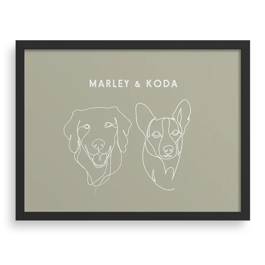 Custom Two Pet Line Drawing Portrait with Sage background, black frame, with names – paw-pixie