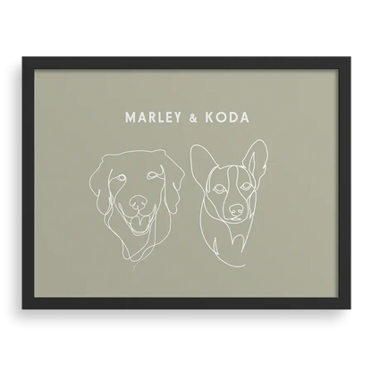 Custom Two Pet Line Drawing Portrait with Sage background, black frame, with names – paw-pixie