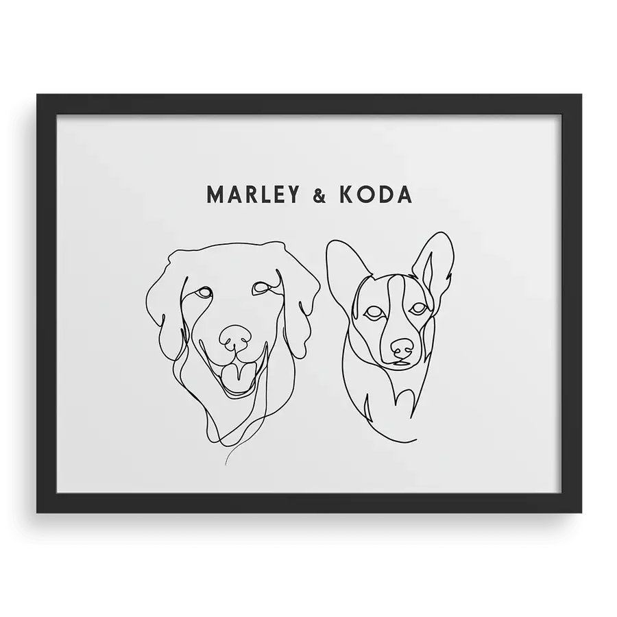 Custom Two Pet Line Drawing Portrait with Soft White background, black frame, with names – paw-pixie