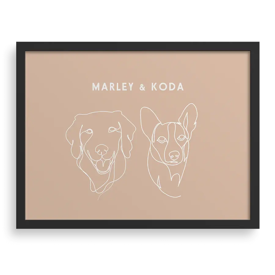 Custom Two Pet Line Drawing Portrait with Terracotta background, black frame, with names – paw-pixie