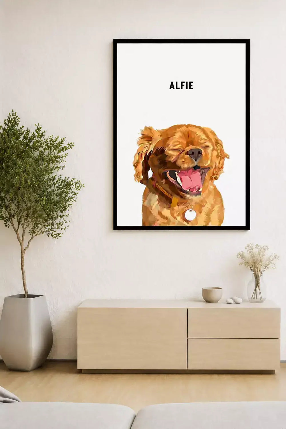 Custom pet portrait displayed in a modern home interior