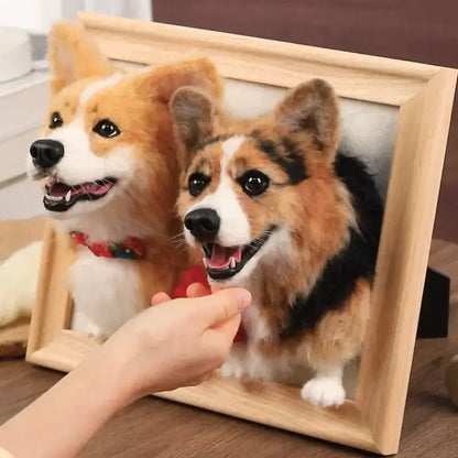 Personalised framed plush pet portrait with wooden frame, custom dog memorial art