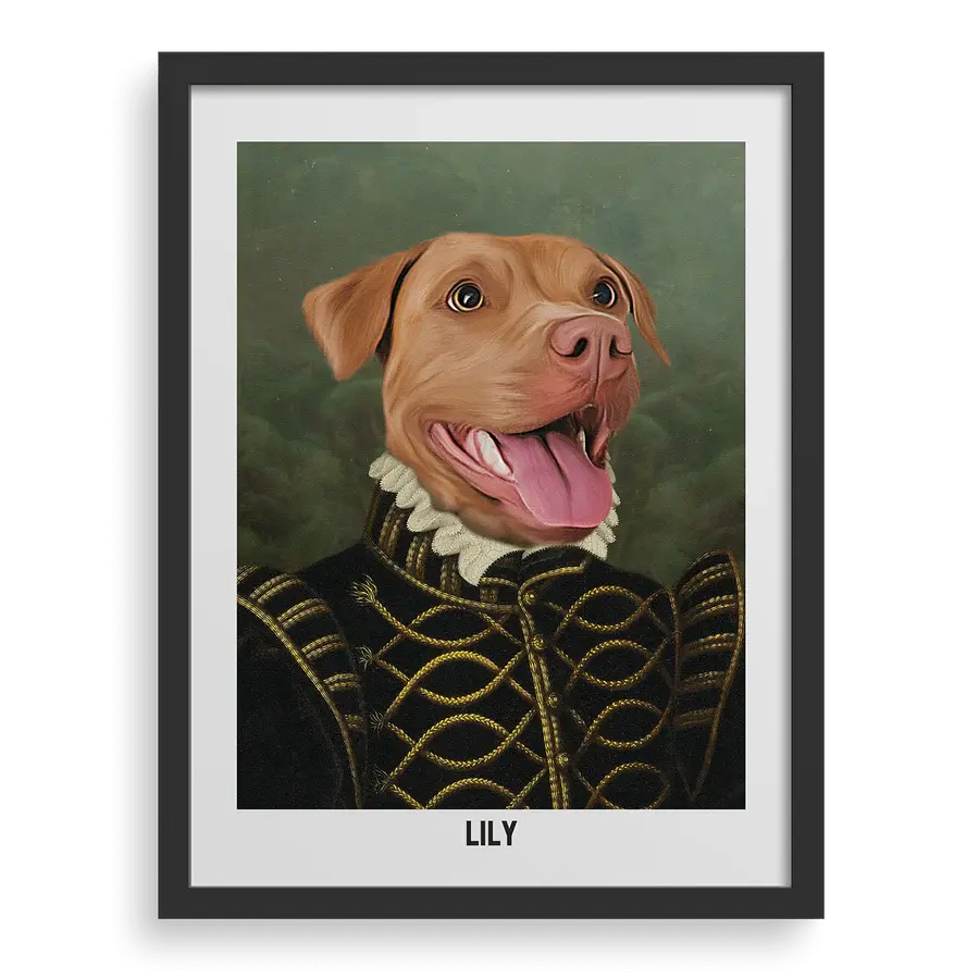 Custom pet portrait "The Baroness" with Black frame by Paw-Pixie.
