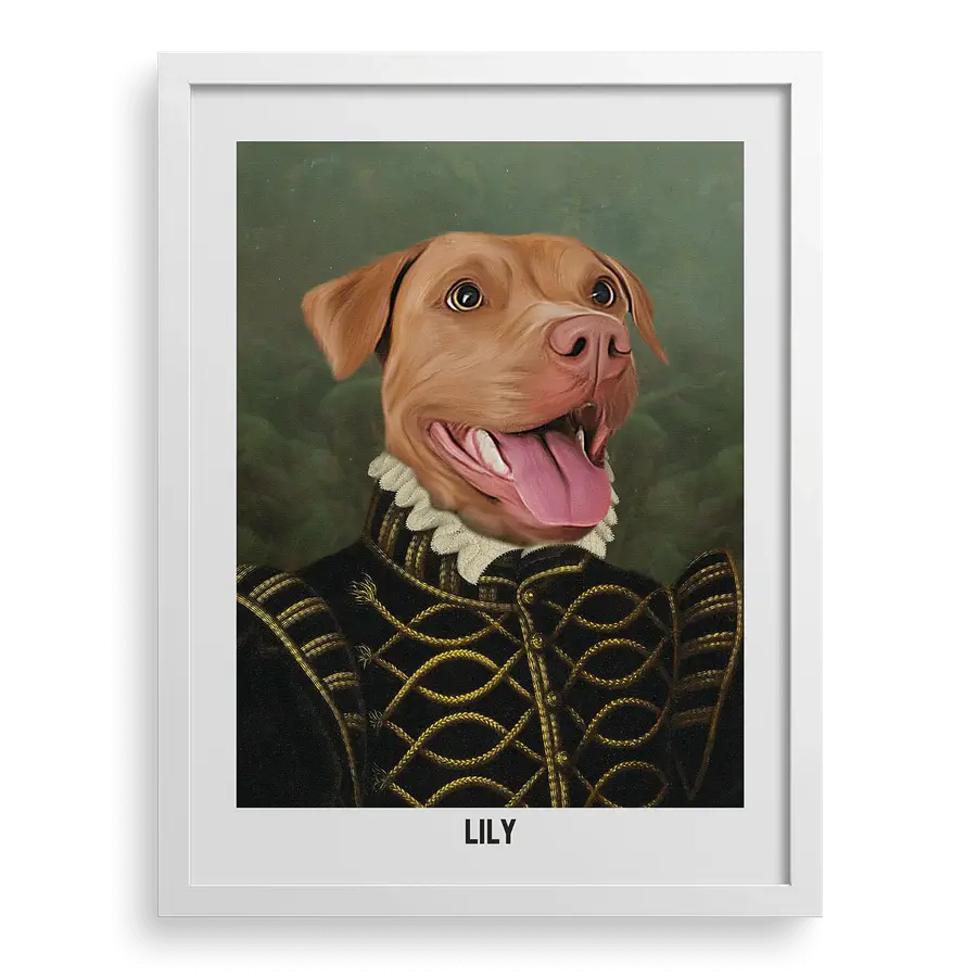 Custom pet portrait "The Baroness" with White frame by Paw-Pixie.
