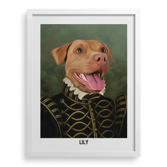 Custom pet portrait "The Baroness" with White frame by Paw-Pixie.
