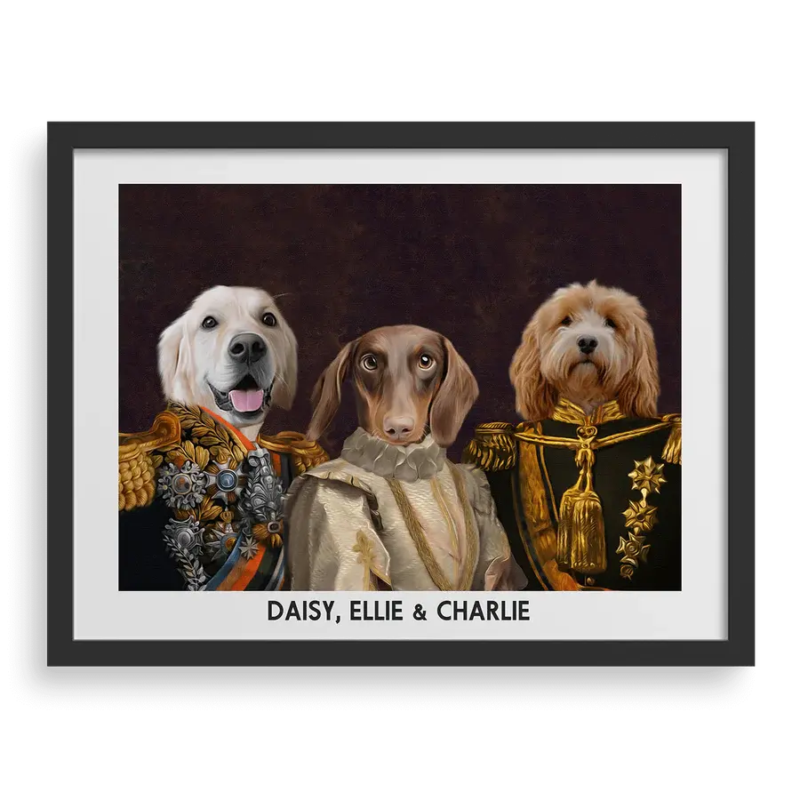 The Decorated Lords & Lady Custom Pet Portrait in Black Frame by Paw-Pixie, featuring three pets in elegant royal costumes.