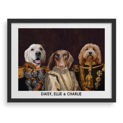 The Decorated Lords & Lady Custom Pet Portrait in Black Frame by Paw-Pixie, featuring three pets in elegant royal costumes.