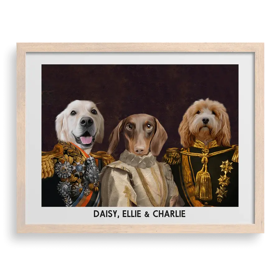 The Decorated Lords & Lady Custom Pet Portrait in Brown Frame by Paw-Pixie, featuring three pets in elegant royal costumes.