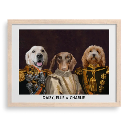 The Decorated Lords & Lady Custom Pet Portrait in Brown Frame by Paw-Pixie, featuring three pets in elegant royal costumes.