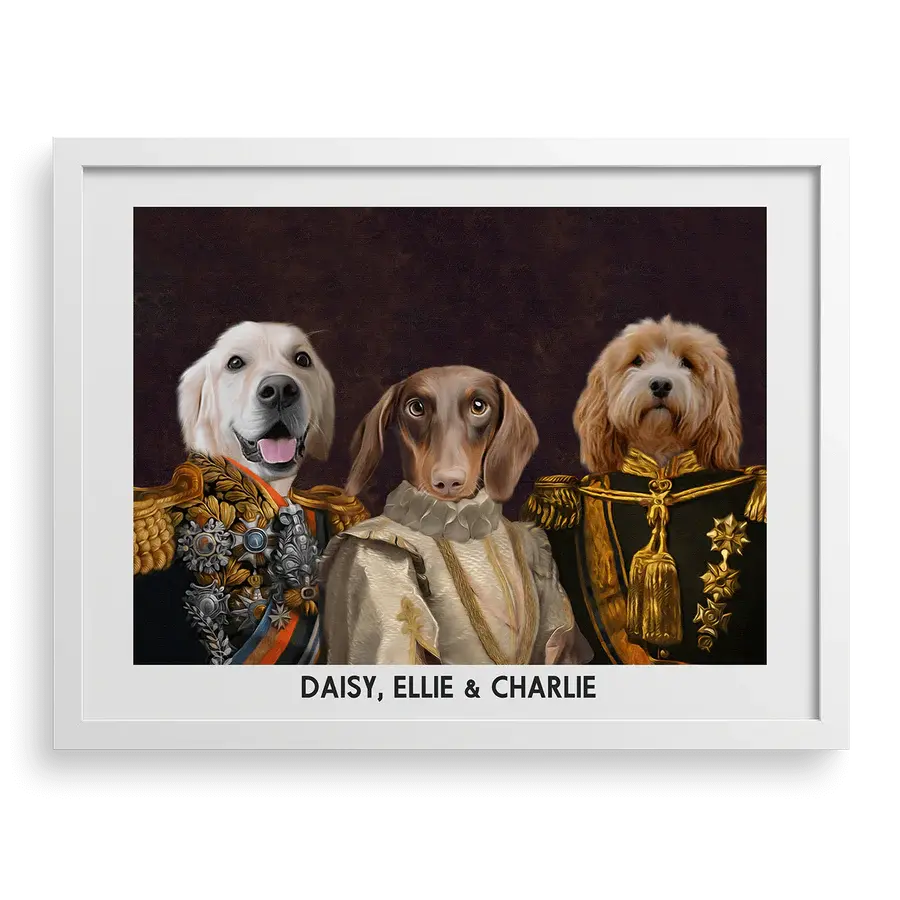 The Decorated Lords & Lady Custom Pet Portrait in White Frame by Paw-Pixie, featuring three pets in elegant royal costumes.