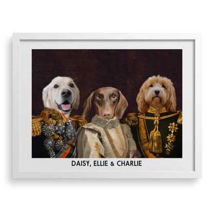 The Decorated Lords & Lady Custom Pet Portrait in White Frame by Paw-Pixie, featuring three pets in elegant royal costumes.