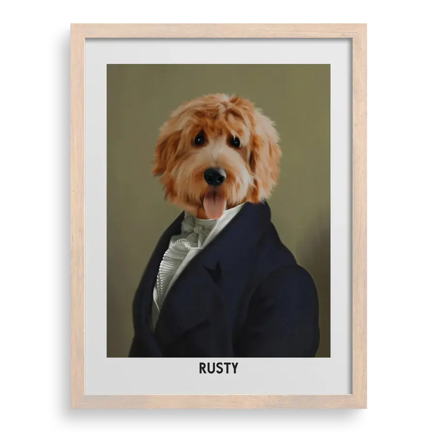 Custom pet portrait "The Dignified Gentleman" with Natural Oak frame by Paw-Pixie.