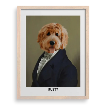Custom pet portrait "The Dignified Gentleman" with Natural Oak frame by Paw-Pixie.