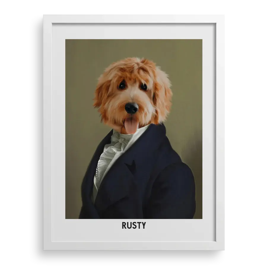 Custom pet portrait "The Dignified Gentleman" with White frame by Paw-Pixie.