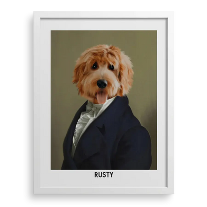Custom pet portrait "The Dignified Gentleman" with White frame by Paw-Pixie.