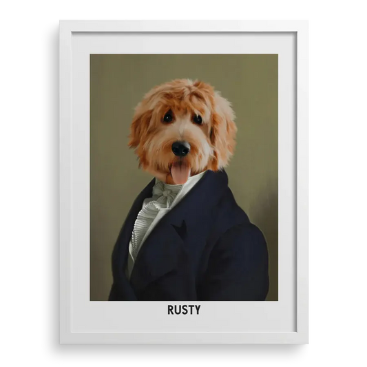 Custom pet portrait "The Dignified Gentleman" with White frame by Paw-Pixie.