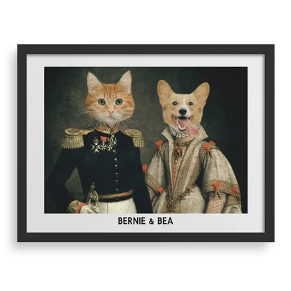 The Duke & Duchess Custom Pet Portrait with Black Frame – Two Pets in Royal Outfits by Paw Pixie