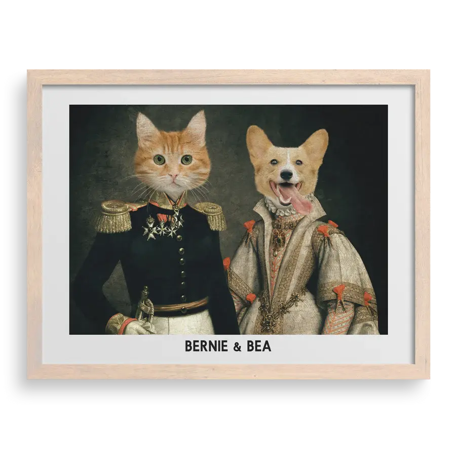 The Duke & Duchess Custom Pet Portrait with Brown Frame – Two Pets in Royal Outfits by Paw Pixie