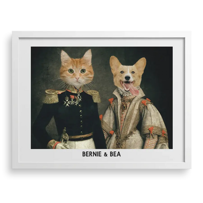 The Duke & Duchess Custom Pet Portrait with White Frame – Two Pets in Royal Outfits by Paw Pixie