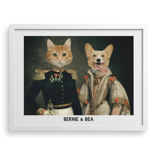 The Duke & Duchess Custom Pet Portrait with White Frame – Two Pets in Royal Outfits by Paw Pixie