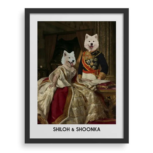 Custom pet portrait "The King & Queen" with Black frame by Paw-Pixie.

