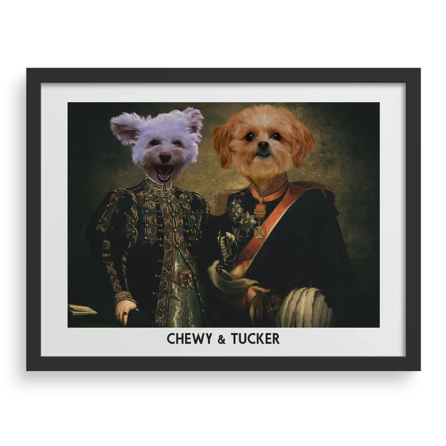 The Majestic Duo Custom Pet Portrait in Black Frame by Paw-Pixie, featuring two pets in elegant outfits.