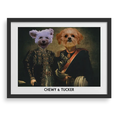 The Majestic Duo Custom Pet Portrait in Black Frame by Paw-Pixie, featuring two pets in elegant outfits.