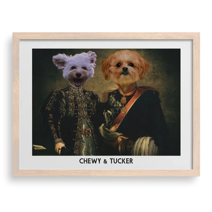 The Majestic Duo Custom Pet Portrait in Brown Frame by Paw-Pixie, featuring two pets in elegant outfits.