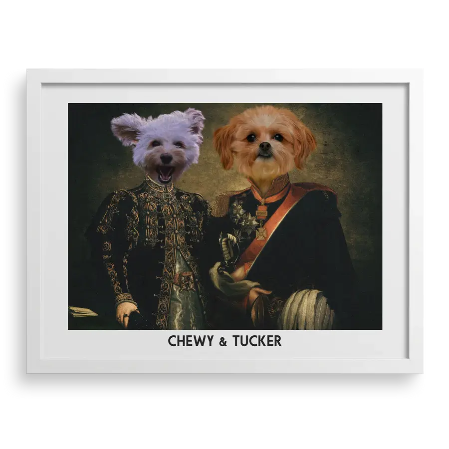 The Majestic Duo Custom Pet Portrait in White Frame by Paw-Pixie, featuring two pets in elegant outfits.