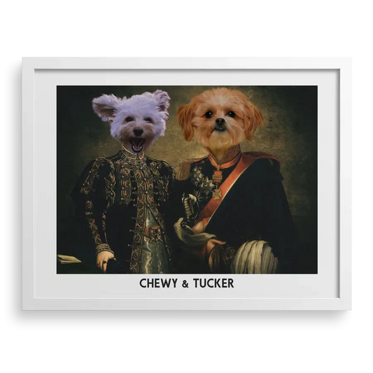 The Majestic Duo Custom Pet Portrait in White Frame by Paw-Pixie, featuring two pets in elegant outfits.