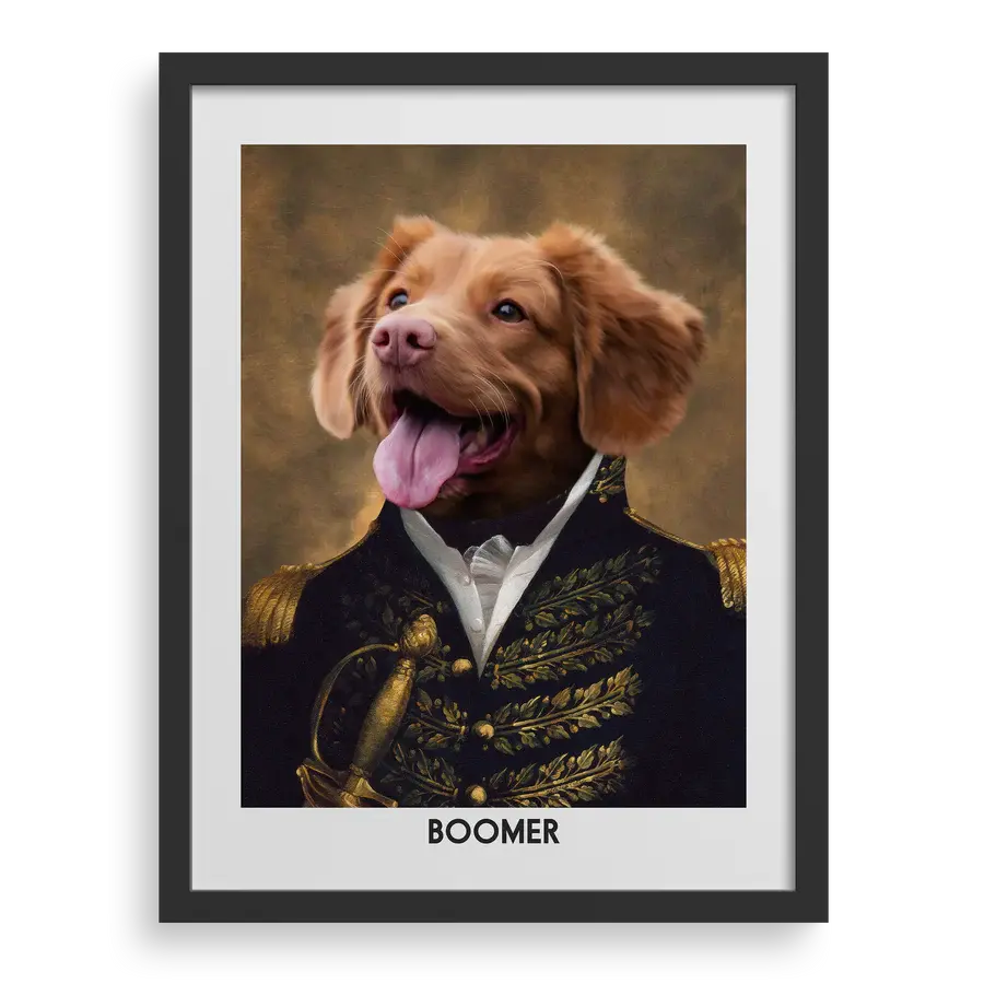 The Prince custom pet portrait by Paw-Pixie, showing a smiling brown dog in royal costume with a black frame.